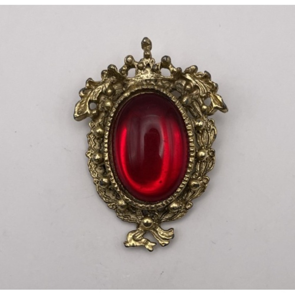 Vintage Victorian Revival Brooch Red Cabochon Filigree